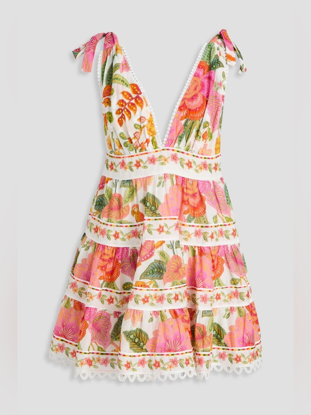 FARM Rio Macaw Bloom Tie Shoulder Tiered Floral Mini Dress Size S